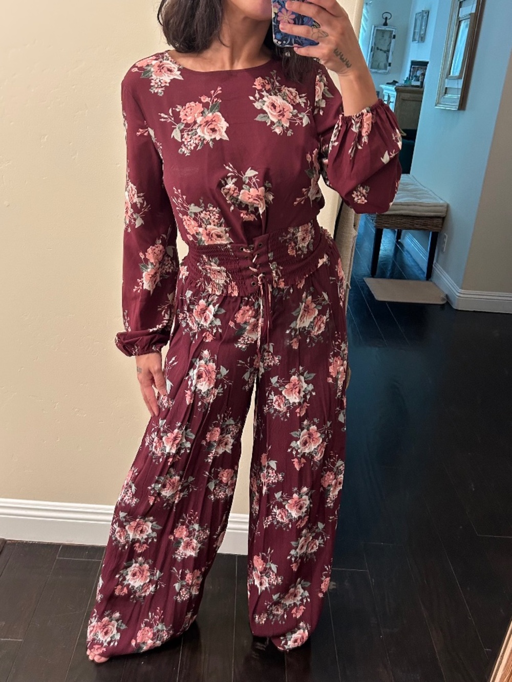 NWT Xhiliration XS Floral Top and Small Pant Set in Maroon